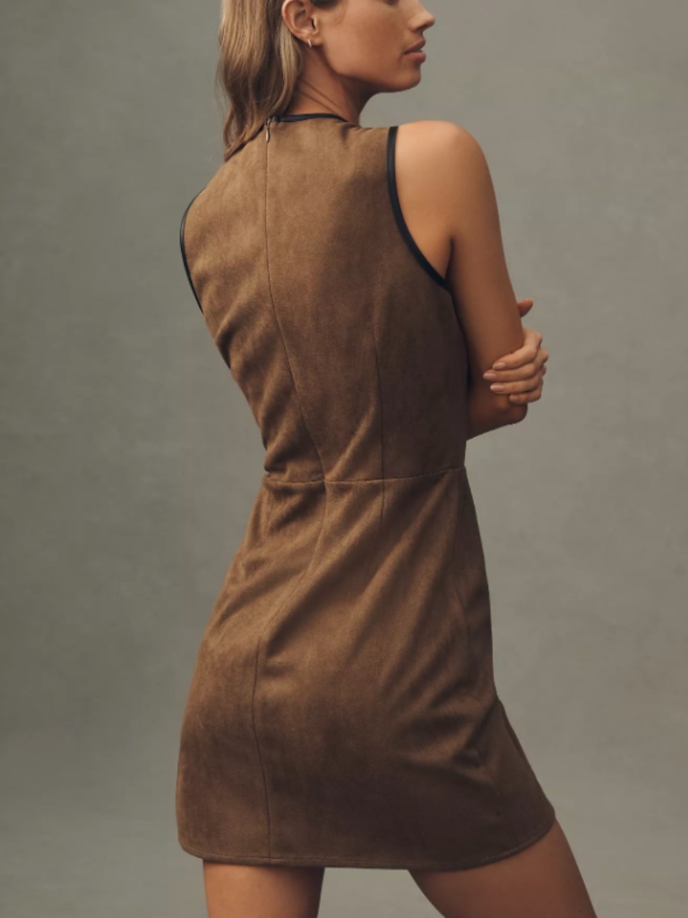 Antropologie Flat White Faux-Suede Sleeveless Bow-Trim Event Mini Dress M NWT - Picture 2 of 14